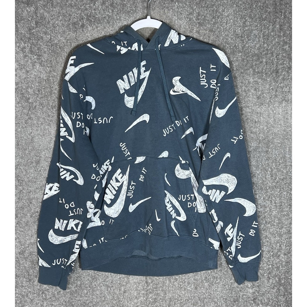 Nike SPELLOUT All Over Print Hoodie Mens Size Medium Teal Swoosh Kangaroo Pocket